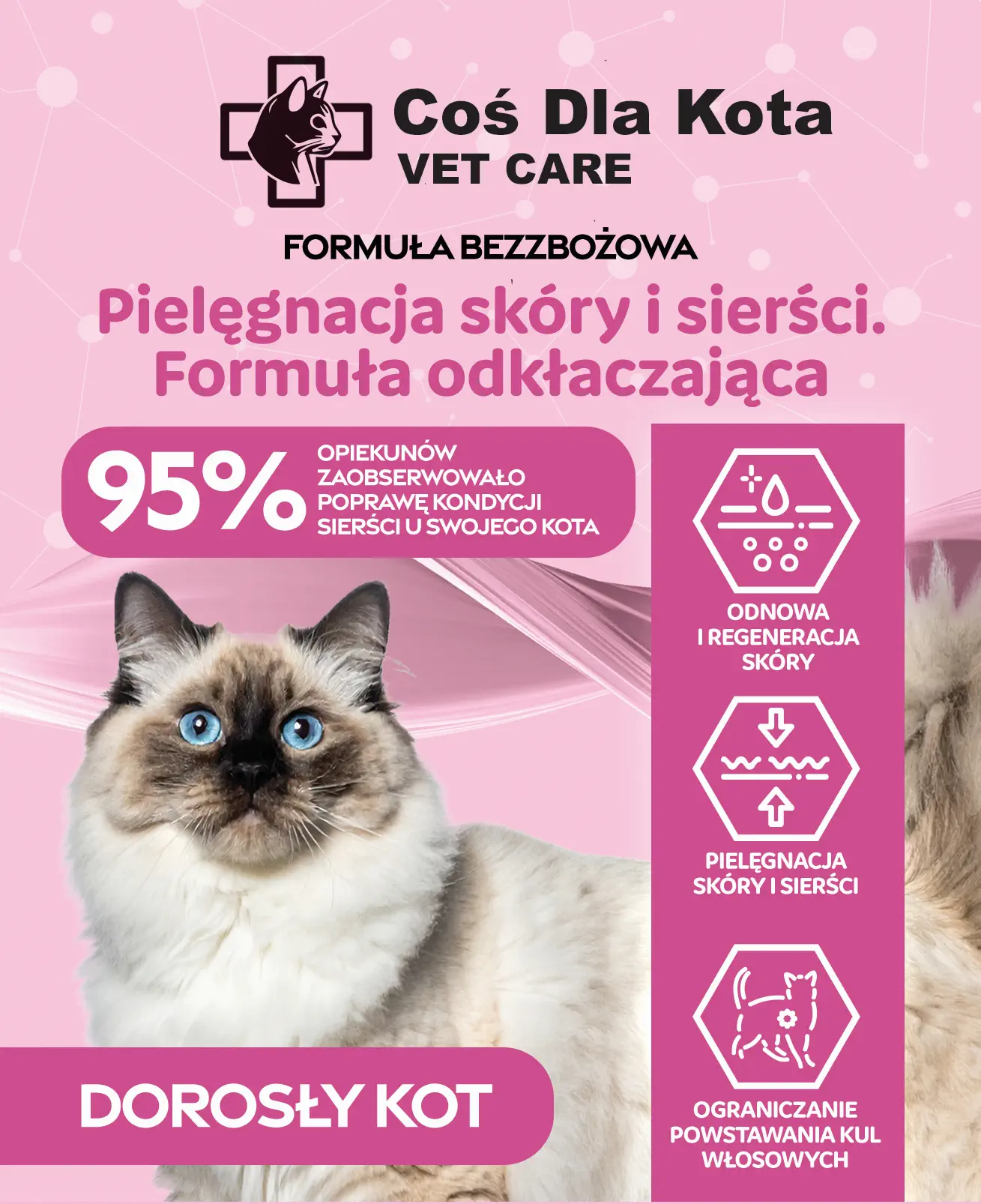Pielegnacja skory i siersci, formula odklaczajaca karma dla kota VetCare